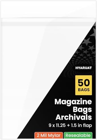 Mylar Magazine Bags with Resealable Flap - 9"x11.25" Acid-Free Protection for TIME/People/Vogue, 2 Mil Archival Sleeves (50 Pack)
