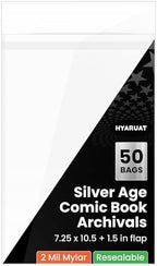 Resealable Mylar Silver Age Comic Bags - Archival Quality & Acid-Free, 7.25" x 10.5", 1.5" Flap, 2 Mil Protection for Comic Book Collectors (50 Pack)