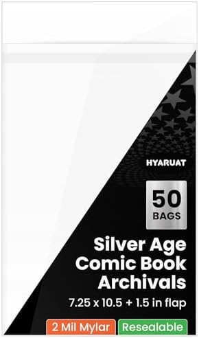 Resealable Mylar Silver Age Comic Bags - Archival Quality & Acid-Free, 7.25" x 10.5", 1.5" Flap, 2 Mil Protection for Comic Book Collectors (50 Pack)