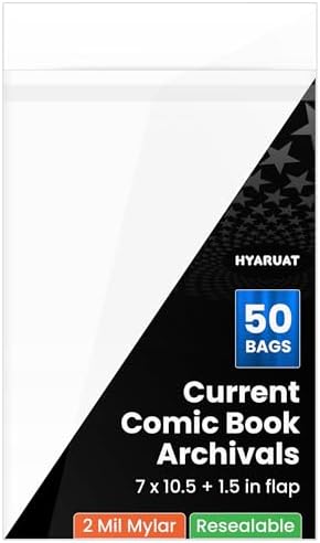 Resealable Mylar Current Comic Bags - Archival Quality & Acid-Free, 7" x 10.5", 1.5" Flap, 2 Mil Protection for Comic Book Collectors (50 Pack)